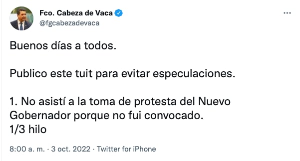 Francisco García Cabeza de Vaca, ex gobernador aclara que está en su rancho en Tamaulipas