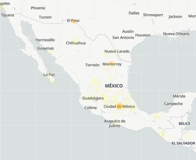 Mapa de reportes de fallas en facebook en américa