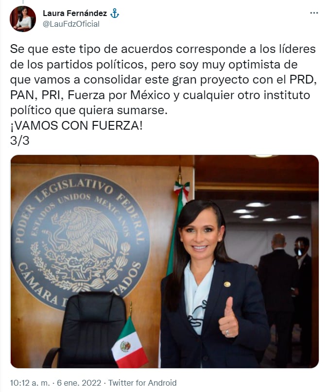 Tuit de la diputada Laura Fernández quien busca la candidatura de la gubernatura de Quintana Roo