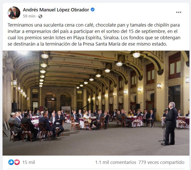 Post del Presidente AMLO sobre su cena con empresarios