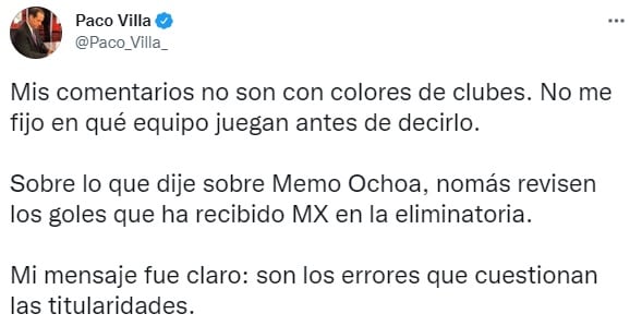 Paco Villa sobre Guillermo Ochoa