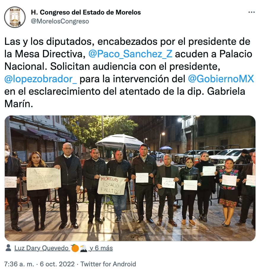 Diputados de Morelos protestan en Palacio Nacional por feminicidio de Gabriel Marín
