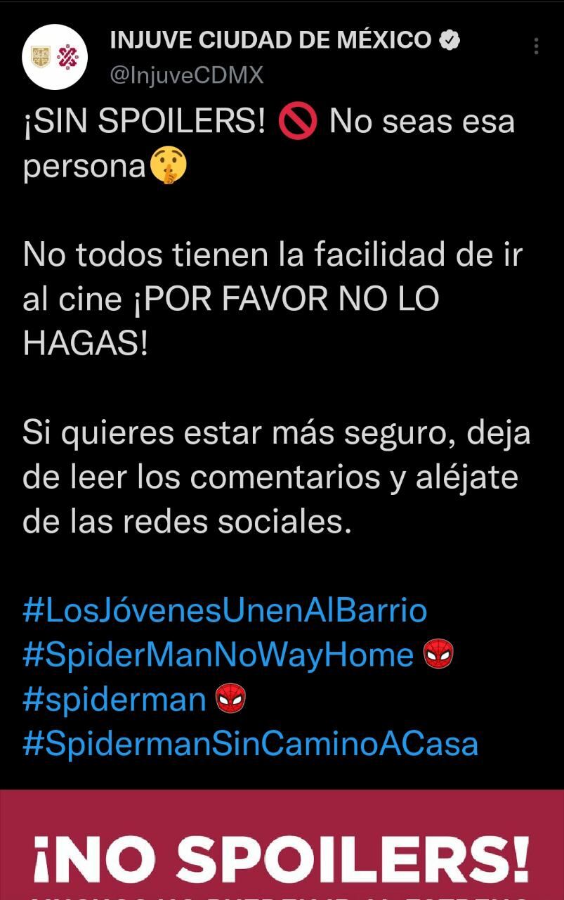 INJUVE CDMX pide no difundir spoilers de ‘Spider-Man: No Way Home’