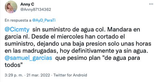 testimonios de redes sociales por cortes de agua en Nuevo León/Twitter