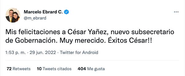 Marcelo Ebrard felicita a César Yáñez por su nuevo cargo en la Segob