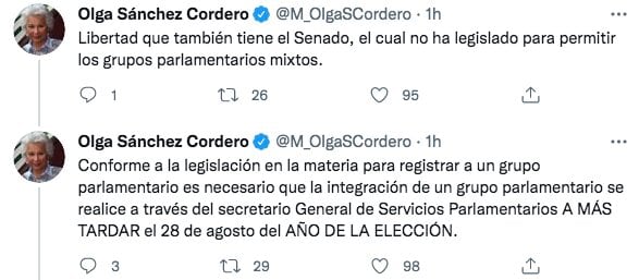 Tuit de Olga Sánchez Cordero