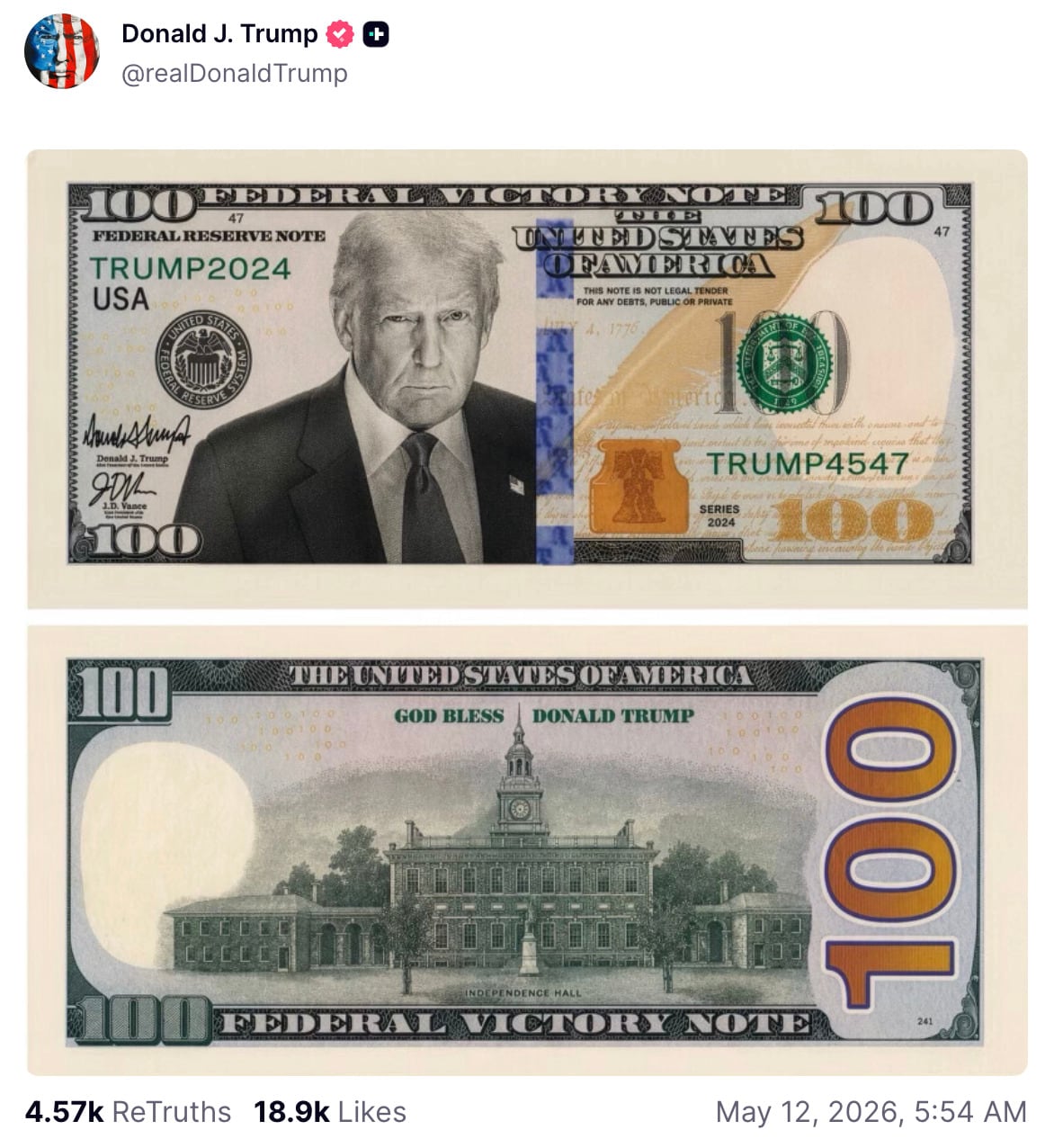 Trump ya imagina billetes de 100 dólares con su cara