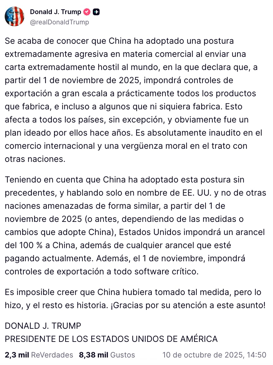 El mensaje de Donald Trump sobre el nuevo arancel de 100% a China
