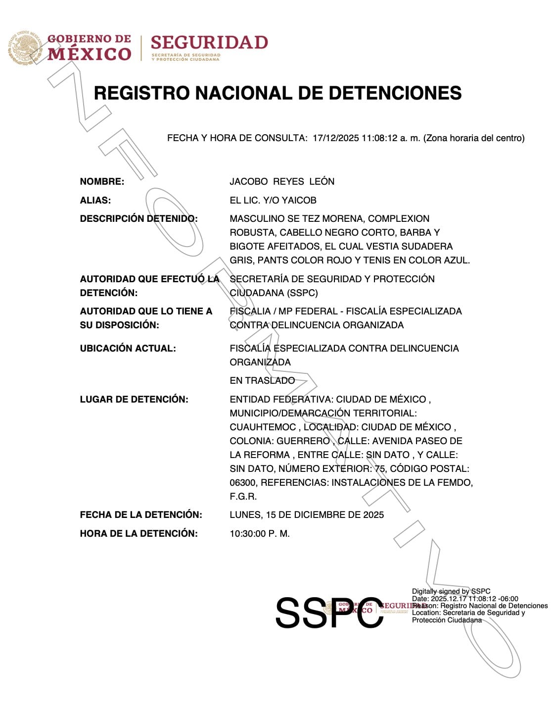 Jacobo Reyes León 'El Yaicob' aparece en el Registro Nacional de Detenciones