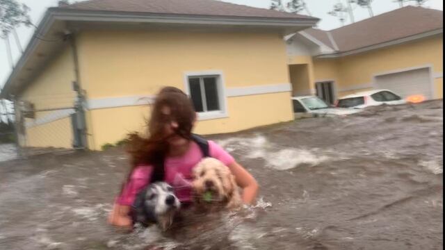 Julia Aylen rescata a dos perros durante inundaciones provocadas por 'Dorian' en Bahamas.