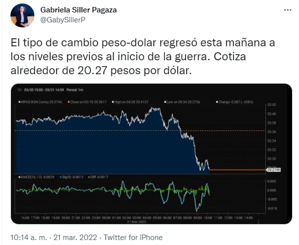 Experta señala valor del paso frente al dólar este 21 de marzo de 2022/Twitter