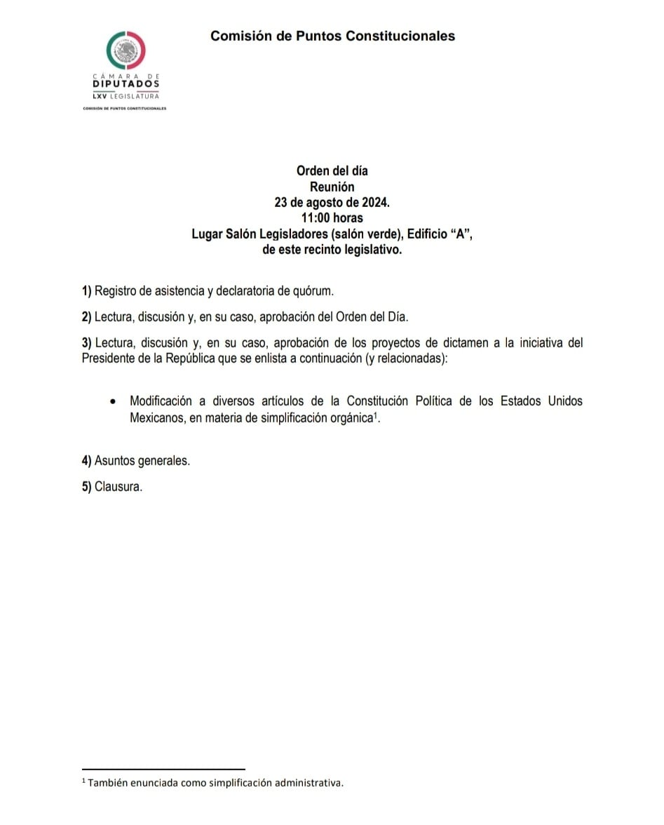 Citatorio de la Comisión de Puntos Constitucionales de la Cámara de Diputados