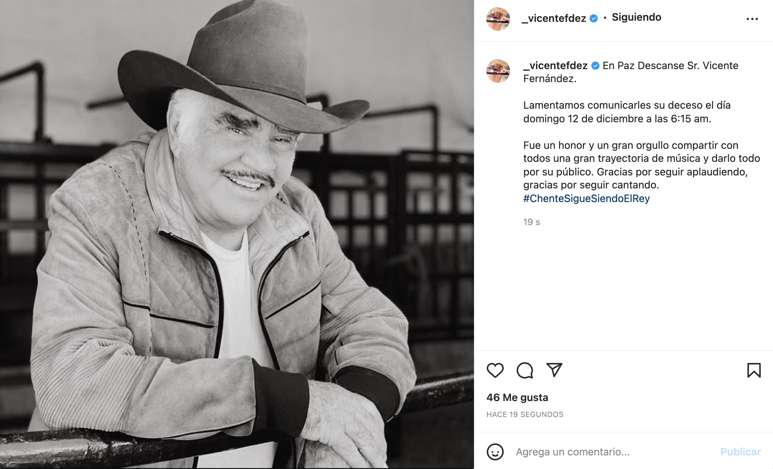 Anuncian muerte de Vicente Fernández