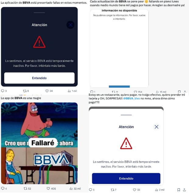 Afectados comparten mensajes sobre las fallas en app y servicios de BBVA hoy