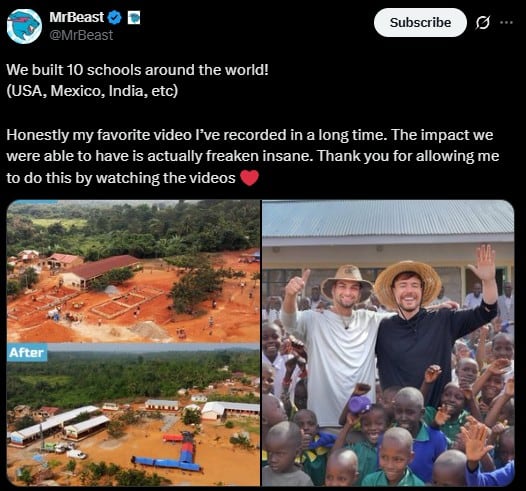 MrBeast construye 10 escuelas; una está en México