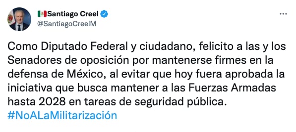 Santiago Creel felicita a senadores por “defender a México de militarización”