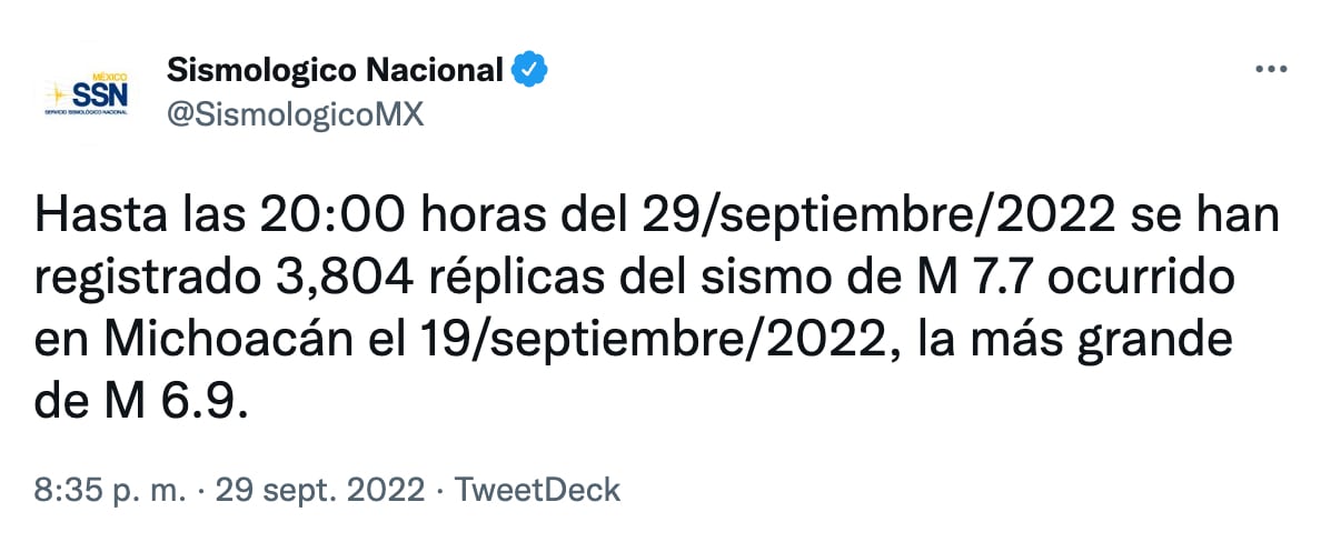 Registro de replicas del sismo del 19 de septiembre de 2022 del Servicio Sismológico Nacional