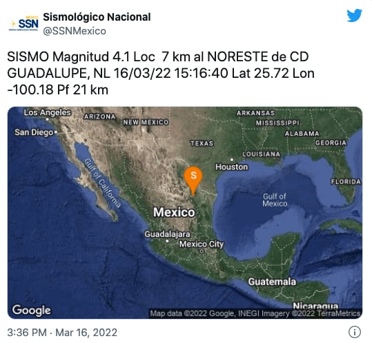 SSN reporta sismo en Nuevo León
