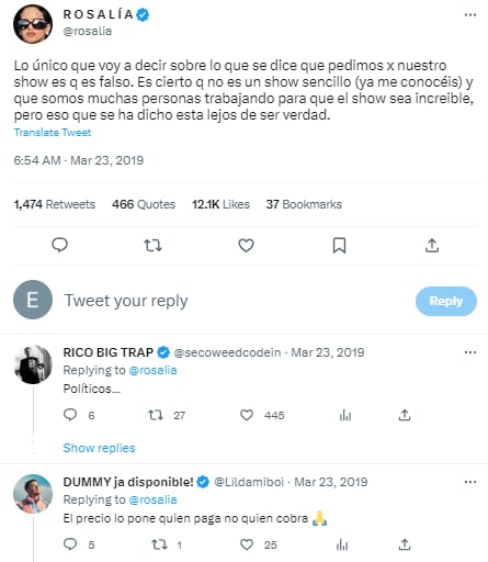 Tuit de Rosalía contestando sobre cuánto cobre por concierto