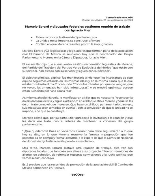 Marcelo Ebrard sostuvo una reunión con legisladores de Morena, Comunicado