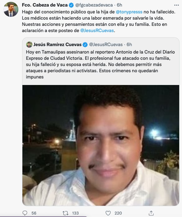 Francisco Cabeza de Vaca se expresa por muerte de periodista Antonio de la Cruz, en Tamaulipas