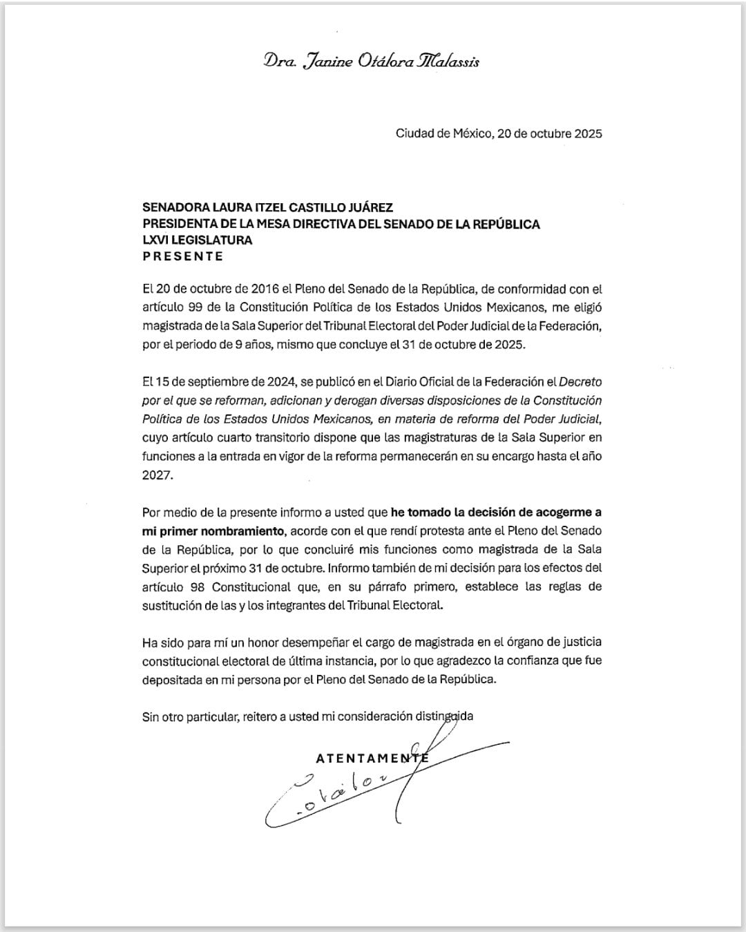 Carta de Janine M. Otálora Malassis