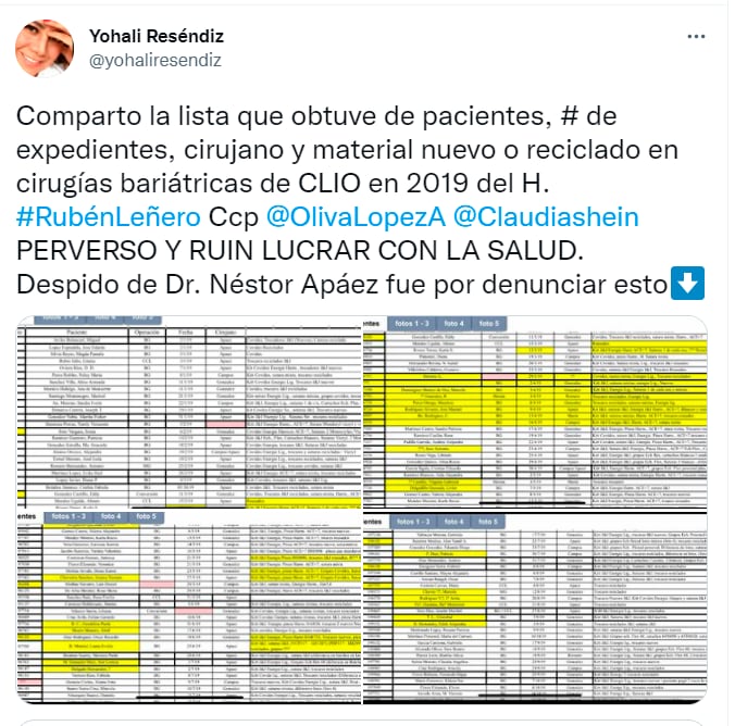 Periodista Yohali Reséndiz comparte lista de pacientes operados con materiales reciclados /@yohaliresendiz