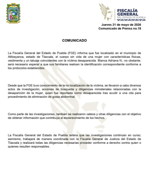 Fiscalía de Puebla halla cuerpo sin vida con características similares a las de Blanca Adriana Vázquez