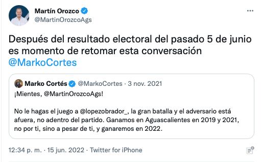tuit de confrontación entre Martín Orozco y Marko Cortés/captura de pantalla de Twitter