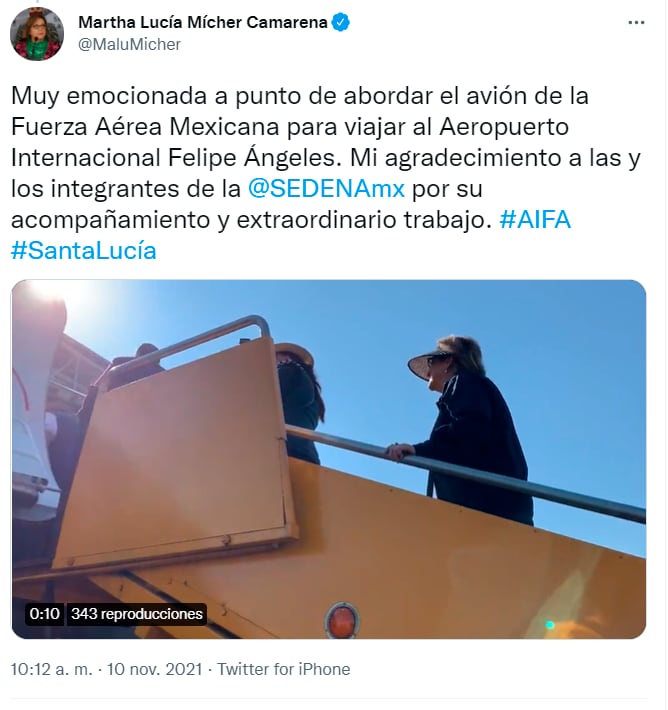 Tuit de la senadora Martha Lucía Mícher Camarena abordando el avión de la Fuerza Aérea Mexicana/ @MaluMicher
