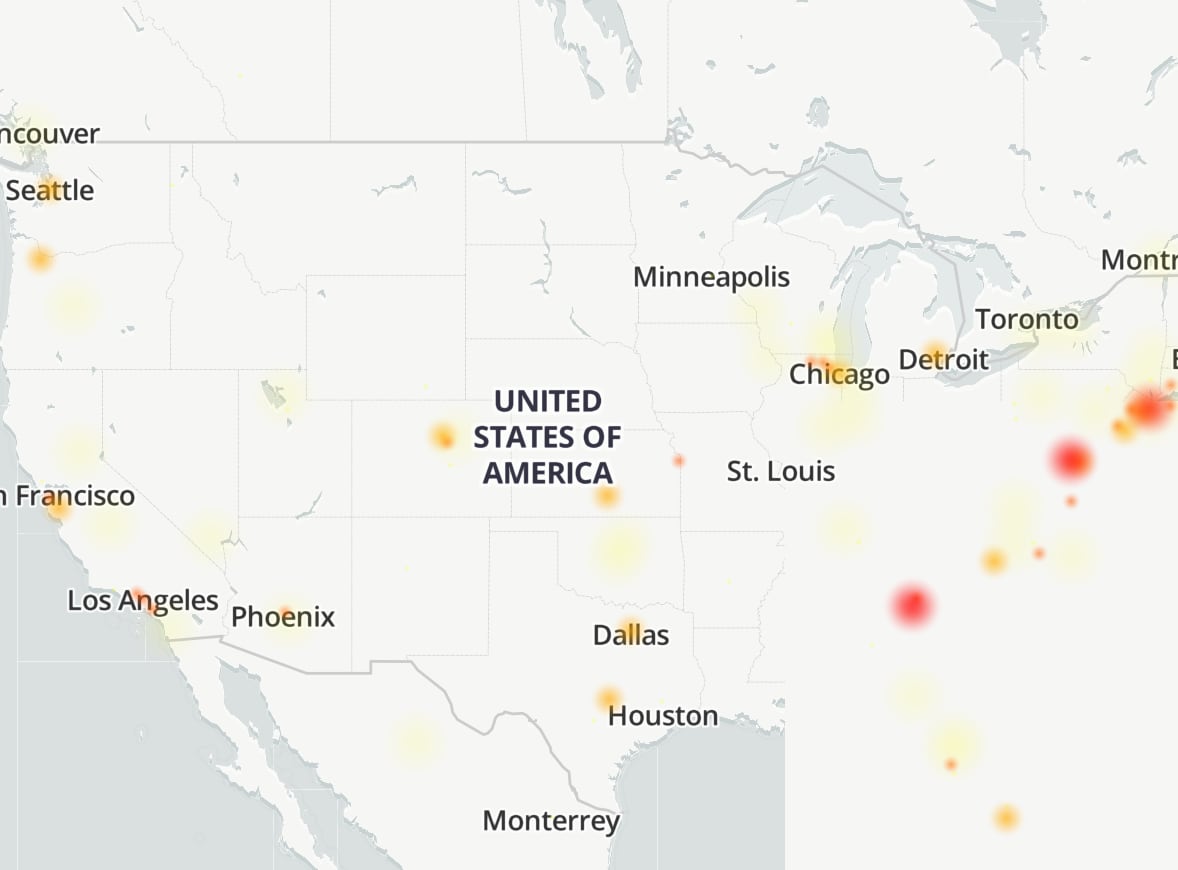Mapa de mayores reportes en DownDetector de Slack hoy 26 de febrero