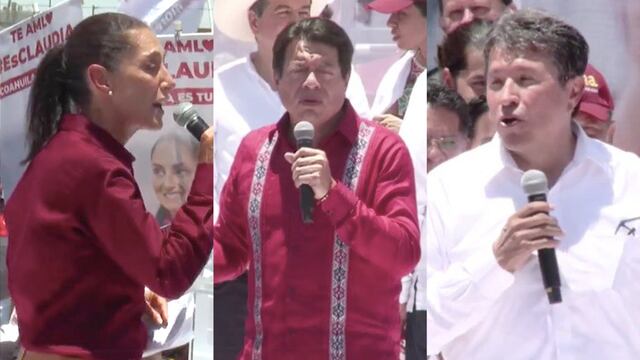 Claudia Sheinbaum, Mario Delgado y Ricardo Monreal en el mitin de unidad de Morena en Coahuila del 26 de junio