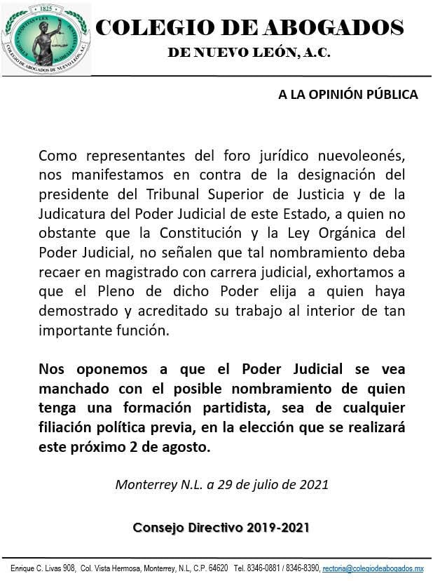 Pronunciamiento del Colegio de Abogados de NL.