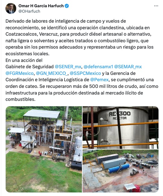 Omar García Harfuch reporta increíble hallazgo de refinería de huachicol en Veracruz