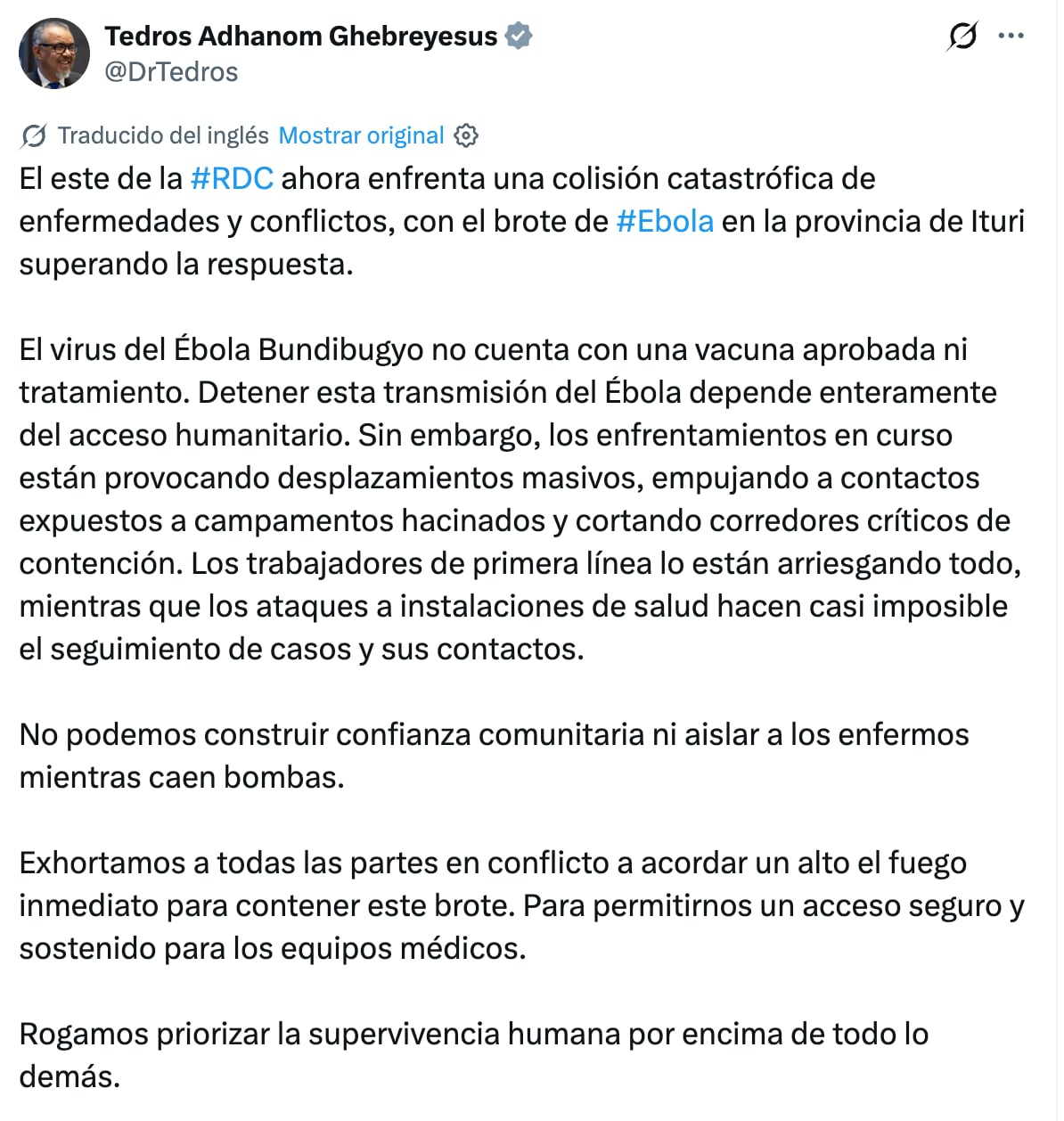 Tedros Adhanom Ghebreyesus, director general de la OMS, pide un alto al fiego para contener el brote del ébola en el Congo