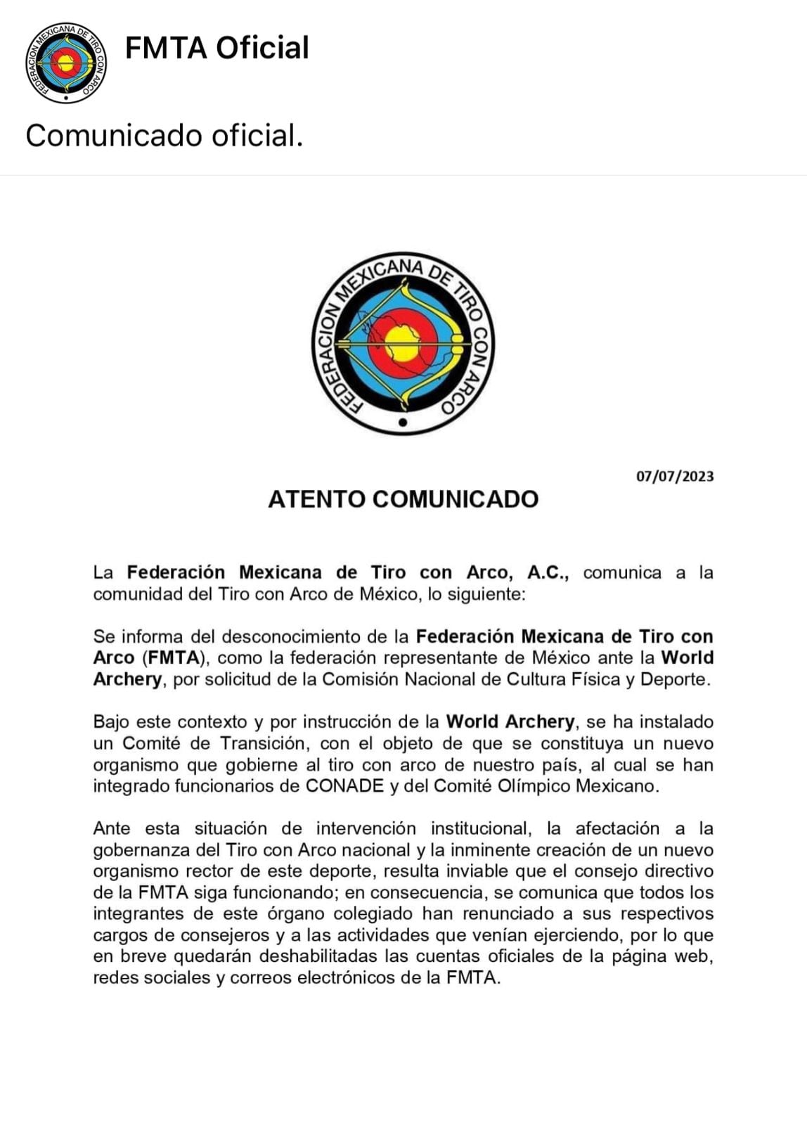 Comunicado tiro con arco