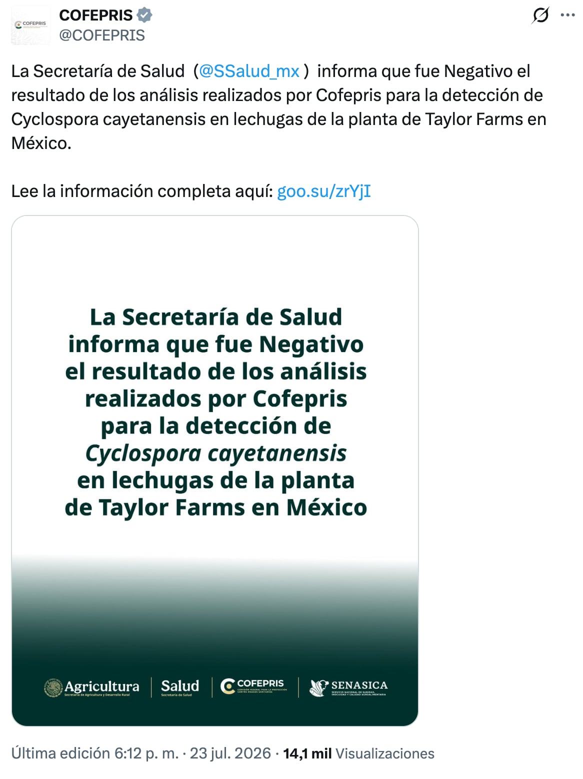Análisis de COFEPRIS da negativo a Cyclospora en Taylor Farms México