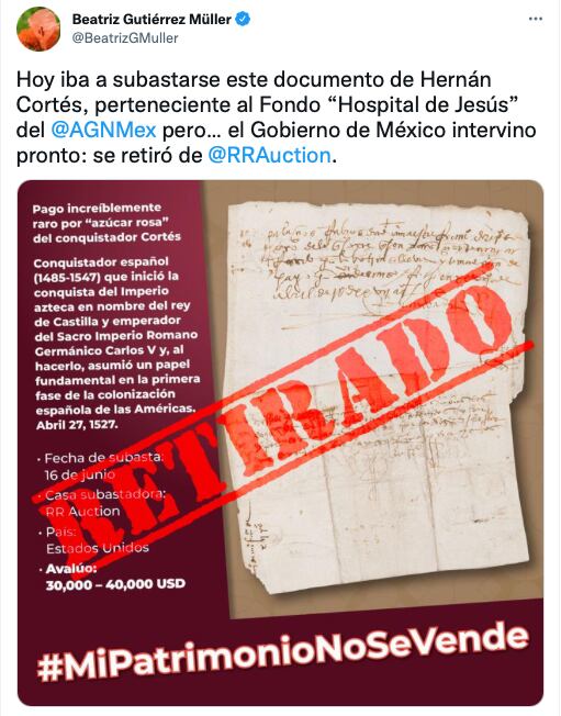 Beatriz Gutiérrez Müller evita la venta de un documento de Hernán Cortés/Beatriz Gutiérrez