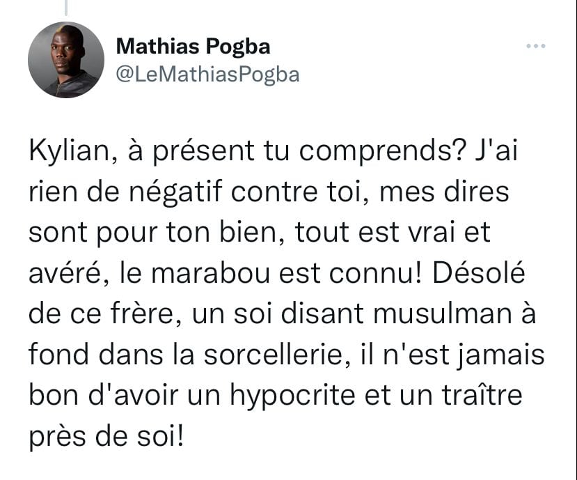Mathias Pogba confirmó que su hermano contrató un 'brujo' para lesionar a Mbappé.