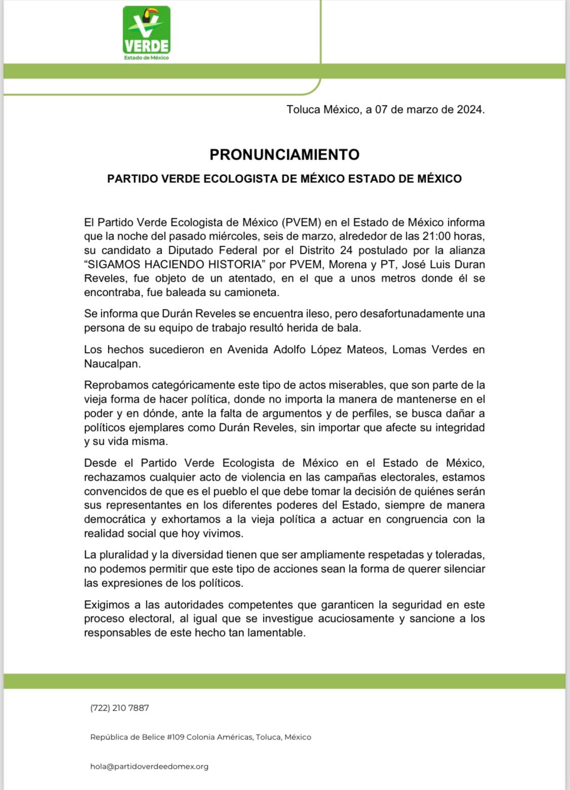 Comunicado Partido Verde
