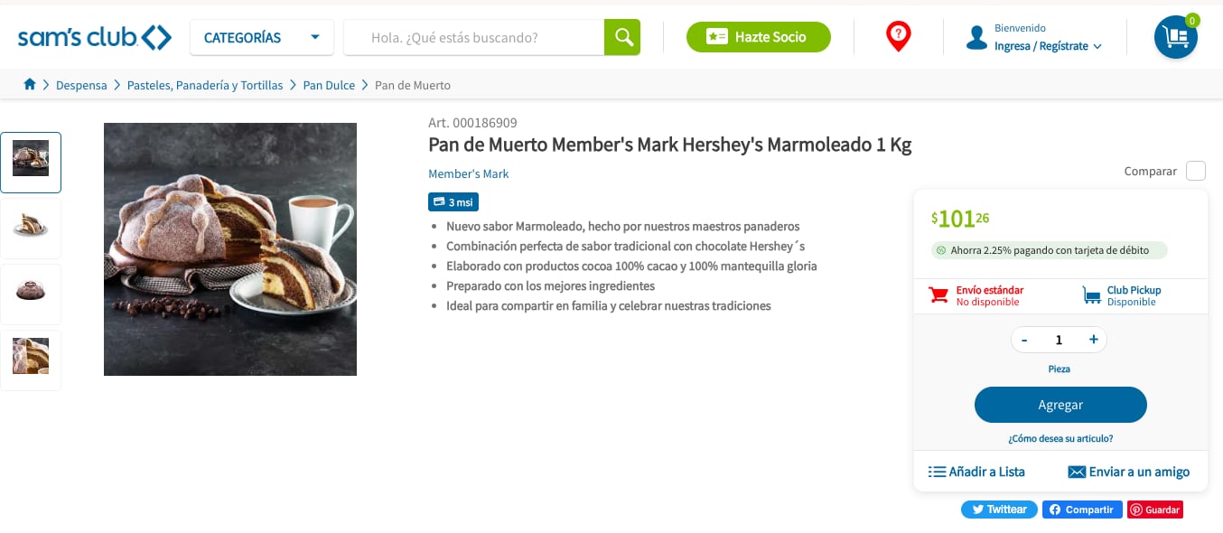 Pan de muerto en Sam's y su precio