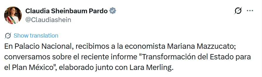 Claudia Sheinbaum se reúne con Mariana Mazzucato para hablar del Plan México
