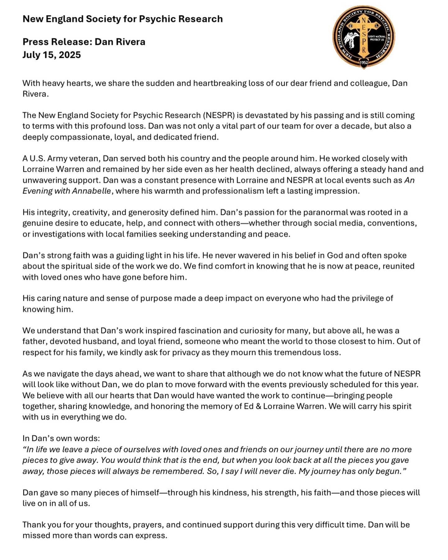 Comunicado NESPR tras muerte de Dan Rivera