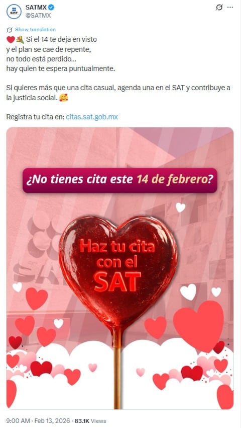 “Haz tu cita”: SAT sorprende con mensaje por San Valentín