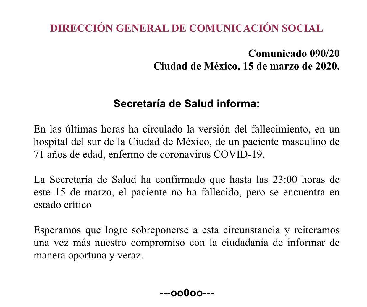 Comunicado de la Secretaría de Salud.