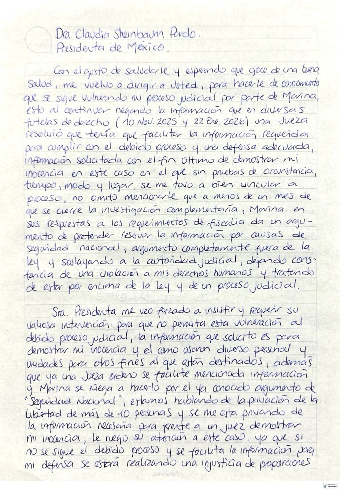 Carta de Farías Laguna a Sheinbaum