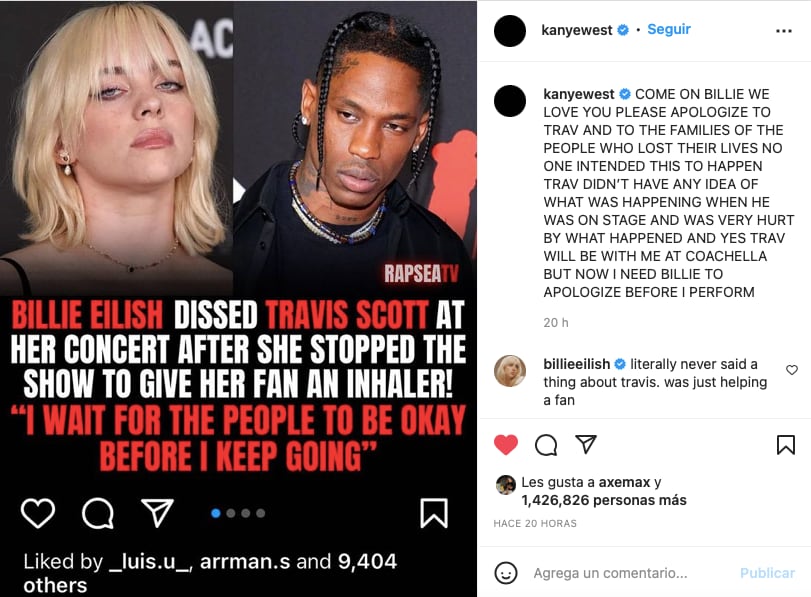 Kanye West exige a Billie Eilish una disculpa para Travis Scott, la cantante responde