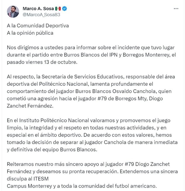 Los Burros Blancos anunciaron la baja definitiva e inmediata de Osvaldo Canchola.