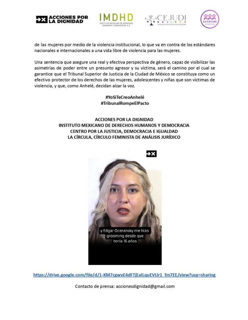 Comunicado de la víctima de Edgar Oceransky por su demanda.