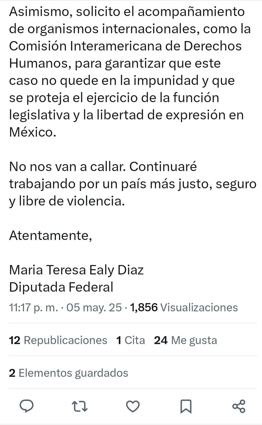 Movimiento Ciudadano pide protección para María Teresa Ealy,